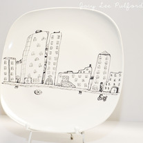 Hand Painted Porcelain Square Round Edge Plate, Wandering the City Illustration