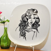 Hand Painted Porcelain Square Round Edge Plate, The Emporer's Daughter Fashion Illustration