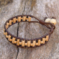 Wood and Bone Bead Brown Leather Bracelet 