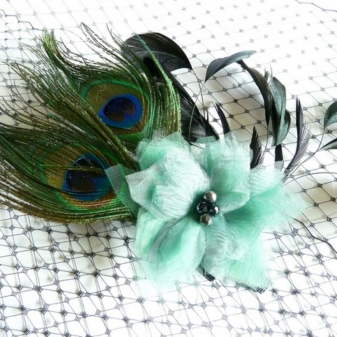 Peacock Bridal Fascinator with Green Organza Flower