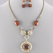 Chocolate & Amber Fall Necklace Set in Gold with Center Drop Pendant