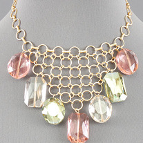 Chunky Pink & Green Gemstone Gold Chainmaille Bib Charm Necklace