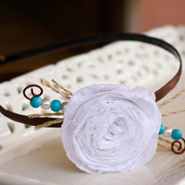 White Fabric Flower with Teal Wood Beads Rustic Headband