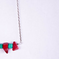 Teal and Hot Pink Wood and Stone Necklace