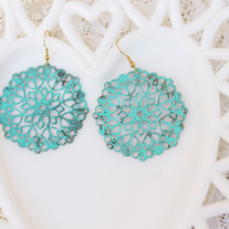 Oversized Turquoise Brass Round Cutout Dangle Earrings
