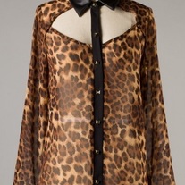 Leopard Cut Out Blouse with Leather Collar
