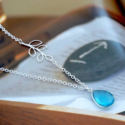 Drop and branch sterling silver necklace with aquamarine stone. bridal. wedding. bridesmaids gift. everyday wear.