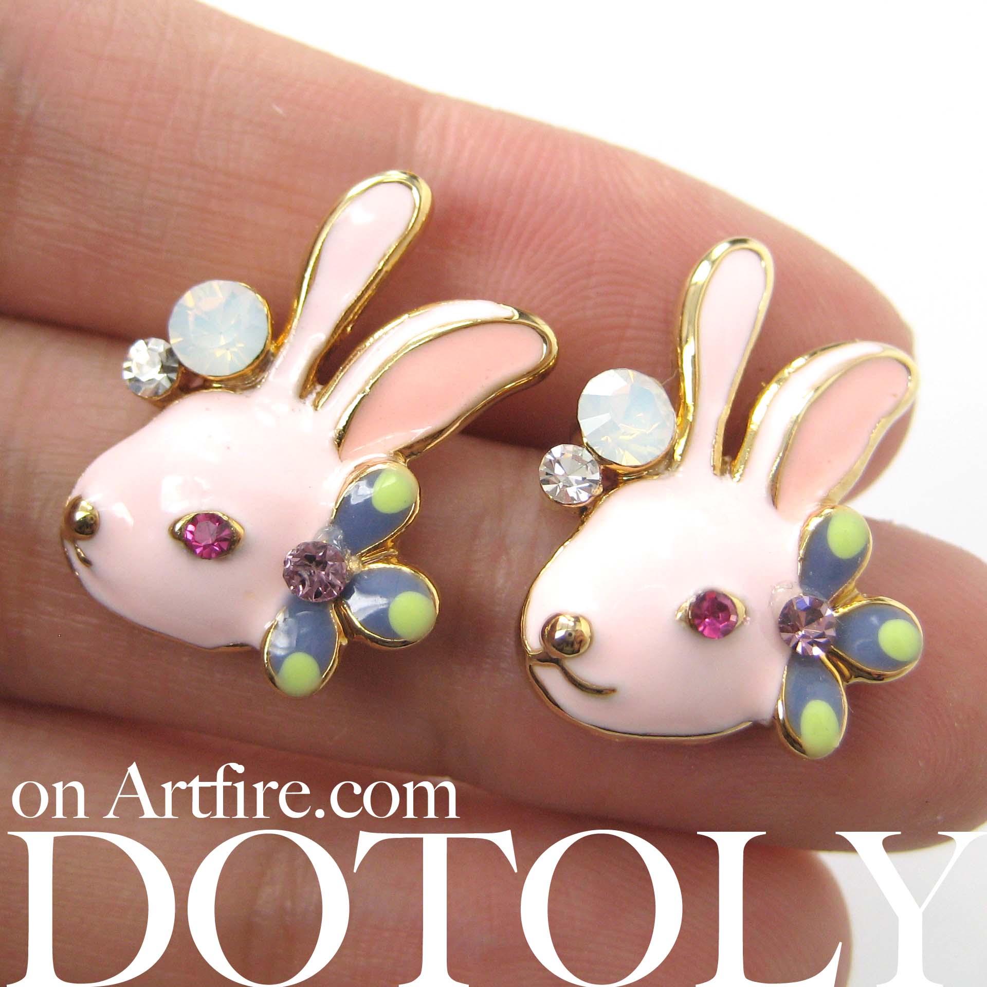 Pink Bunny Rabbit Animal Stud Earrings with Flowers and Rhinestone