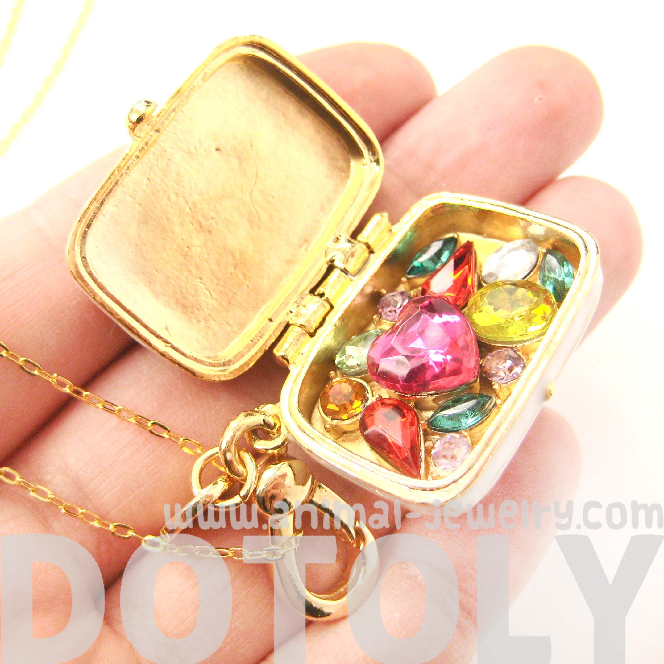 Limited Edition Travel Suitcase Bag Shaped Locket Full of Gems Necklace in White · DOTOLY Animal