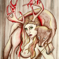 Original Painting - The Huntress - deer girl wolf hunter