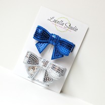 Blue and silver sequin bow clips