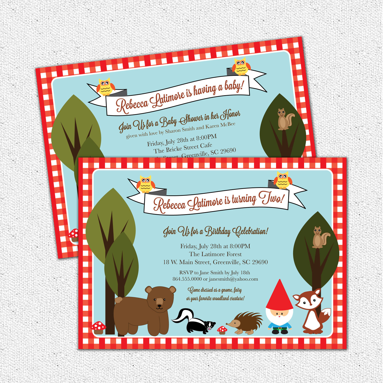 Woodland Baby Shower or Birthday Invitations, Animals Creatures Gnome Woodland Baby Shower or Birthday Invitations, Animals Creatures Gnome