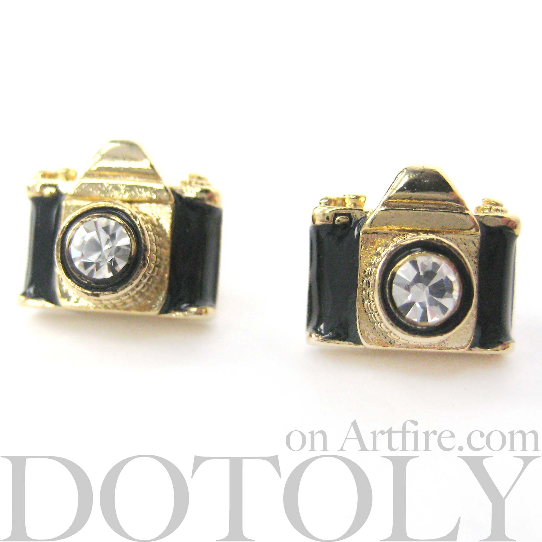 Tiny Camera Stud Earrings in Black on Gold with Rhinestone Lens