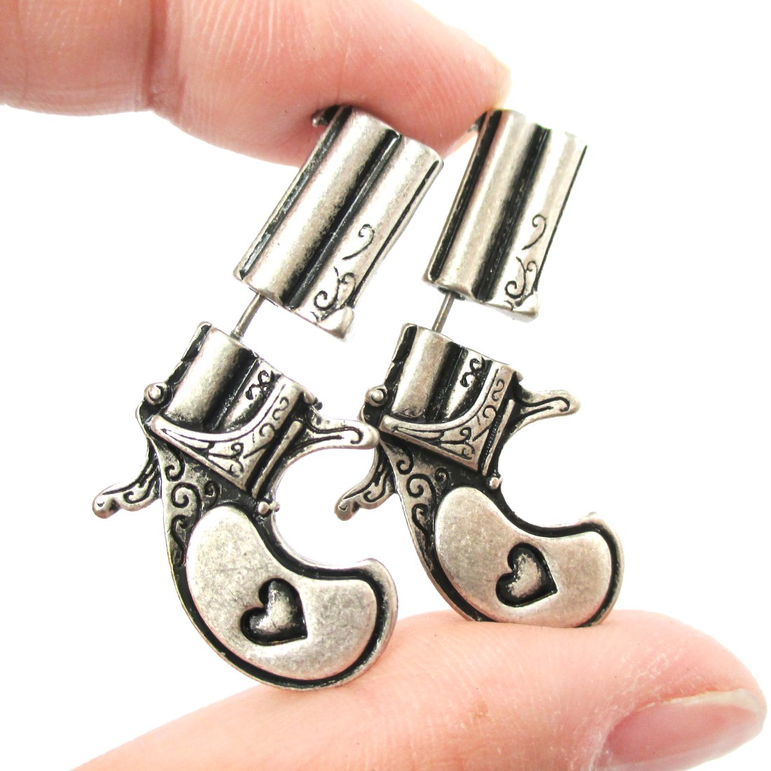 Realistic Guns and Pistols Shaped Fake Gauge Stud Earrings in Silver