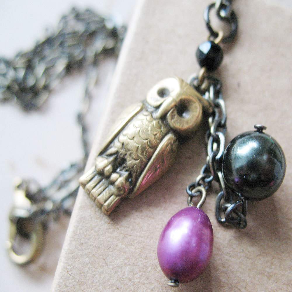 Owl Charm Necklace. Black and Purple Pearl Necklace. Cute Bird Necklace