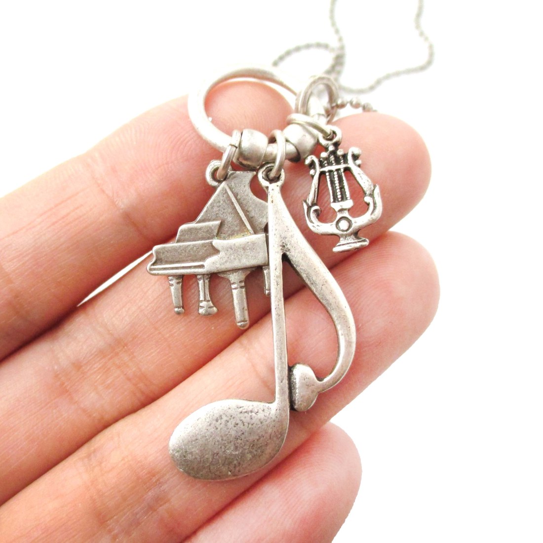 Music Themed Grand Piano Quaver Note Harp Charm Necklace in Silver