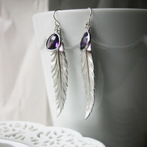 Feather Dangle Earring - Silver or Gold - Choice of Stone Color