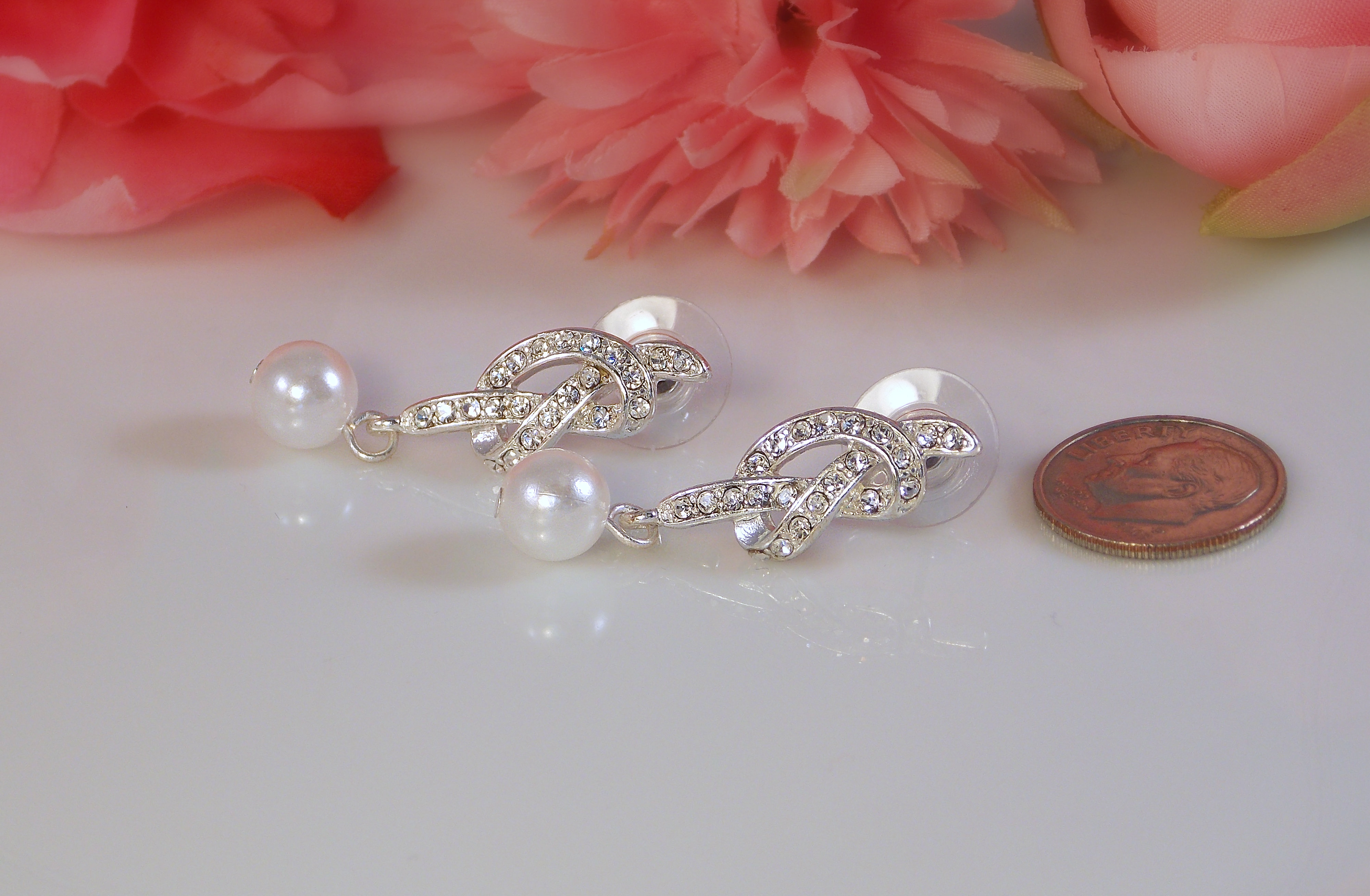 Love Knot Bride Earrings in Silver White Pearl and Clear Rhinestone