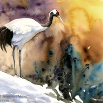 "Red-Crowned Crane" Watercolor Painting
