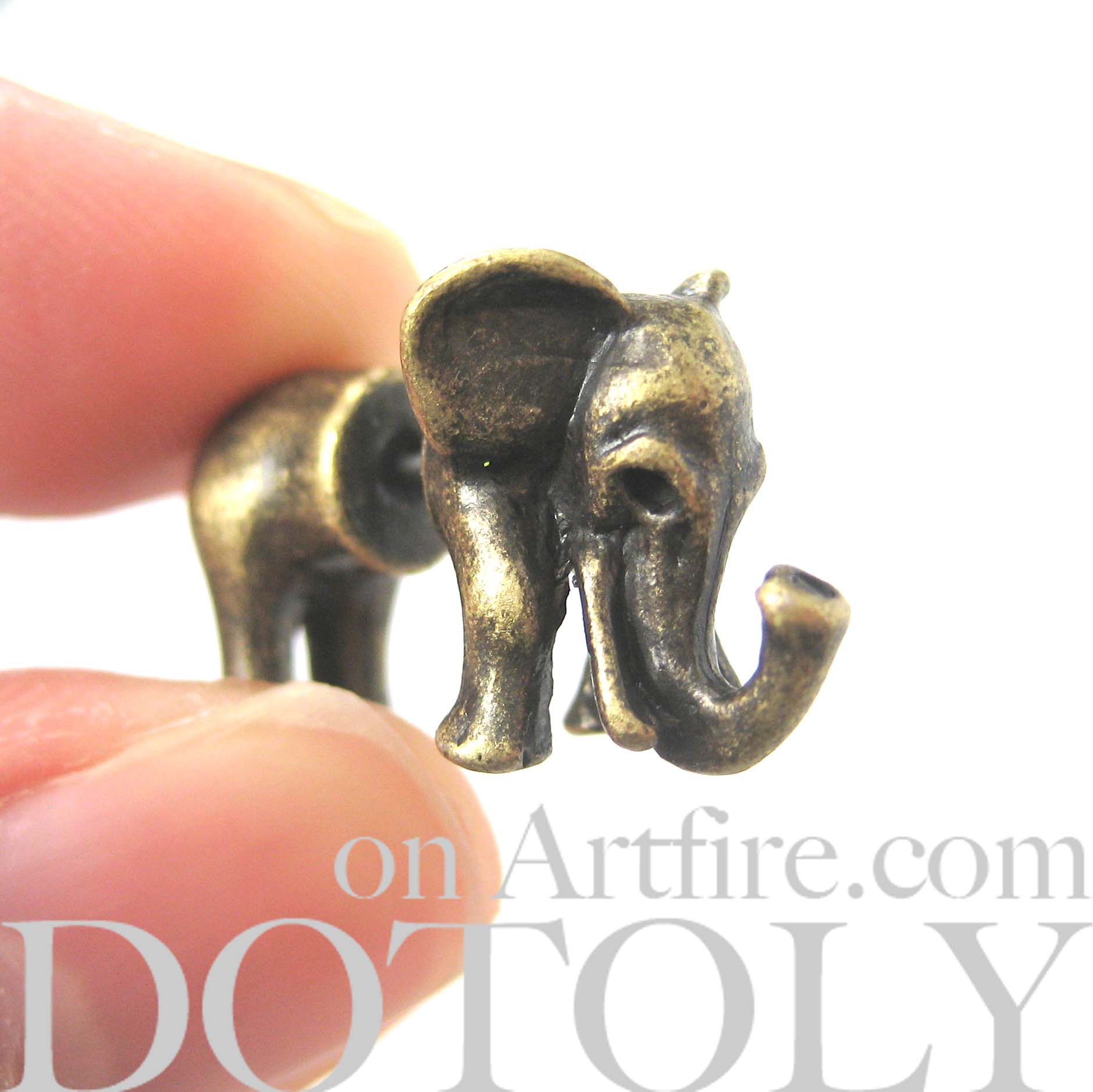 Unique 3D Fake Gauge Elephant Animal Stud Earrings in Bronze · DOTOLY
