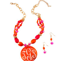 Chunky ORANGE & Hot Pink Beaded SHELL MONOGRAM Spring Necklace - Orange Crush