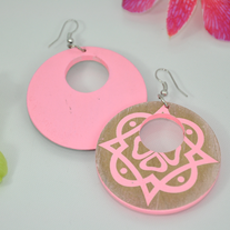 Pink wooden abstract flower painted circle hook earring