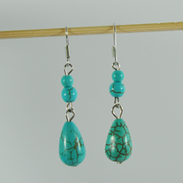 Veined drop and sphere shaped turquoise color bead hook earring