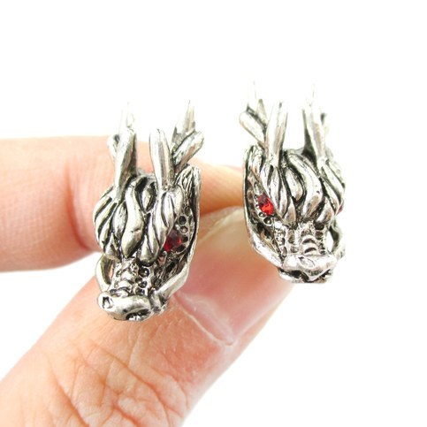 dragon earrings animal stud shaped head silver rhinestones jewelry dotoly