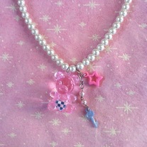 pink purple teddy bear checkerboard heart key necklace with white glass pearls and silver chain