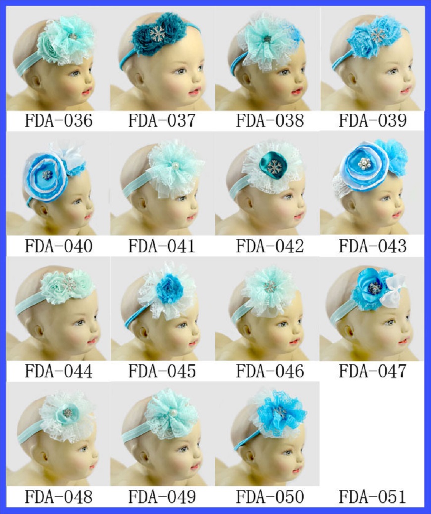 Frozen Baby Flower Headbands Blue Lace Flowers with Crystal Center Fold