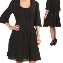 M black long puff sleeve rockabilly dress gothic victorian tie back snap up