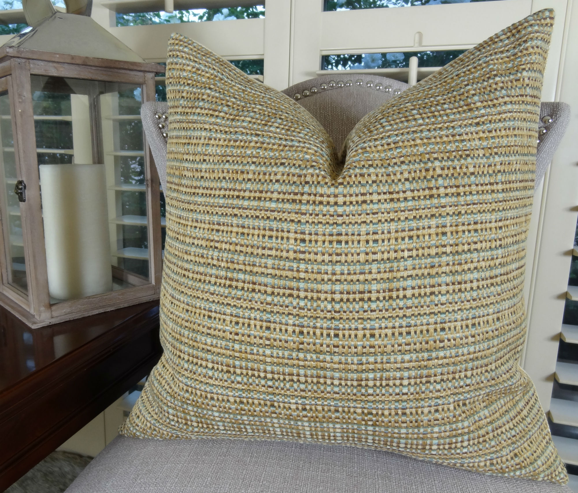 20 X 20 Designer Decorative Throw Pillow Tan Green Textured