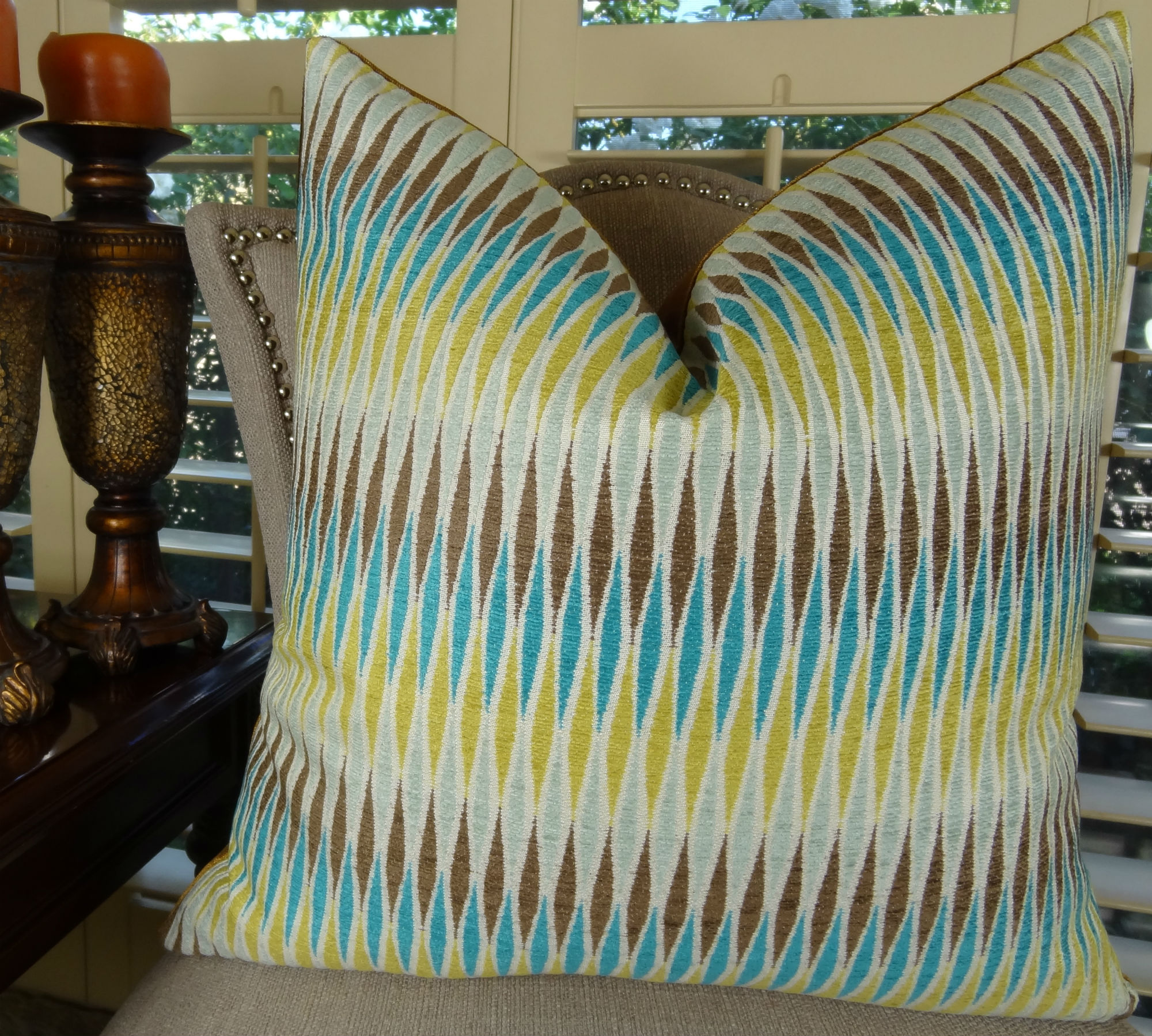 18" x 18" Decorative Throw Pillow Aqua Blue Yellow Brown Cream
