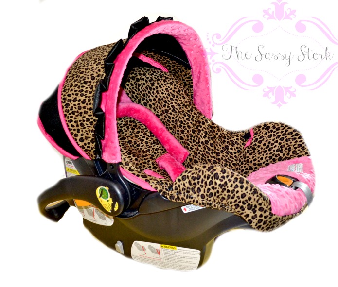 Cheetah and hot pink infant car seat cover with headrest and strap