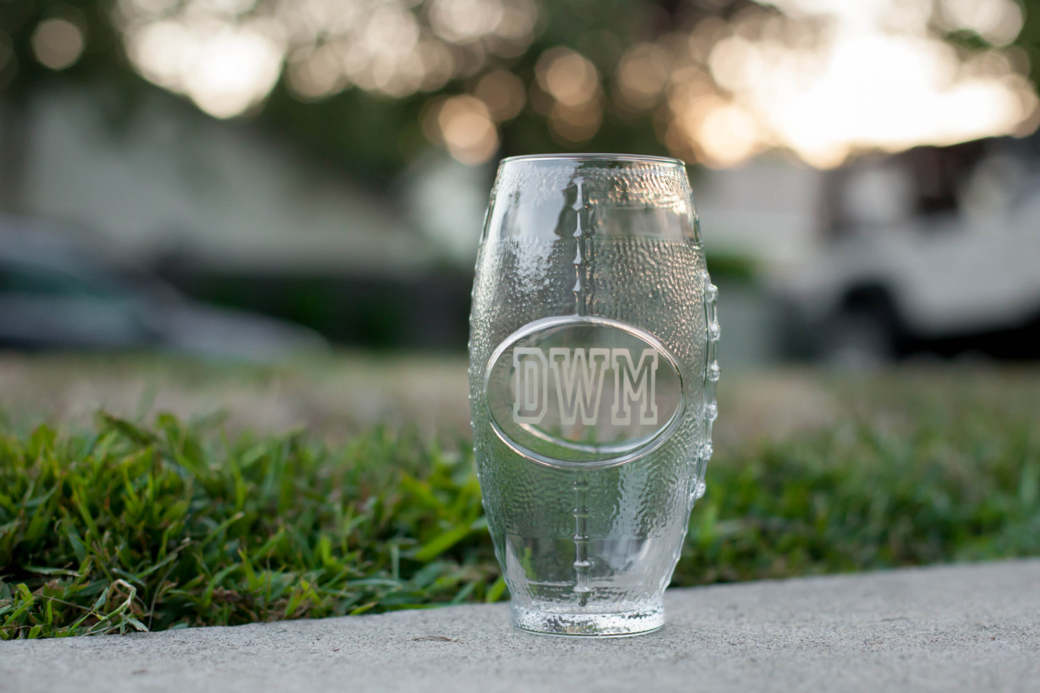 Football Shaped Drinking Glass Beer Glass Etched With Initials and "Go