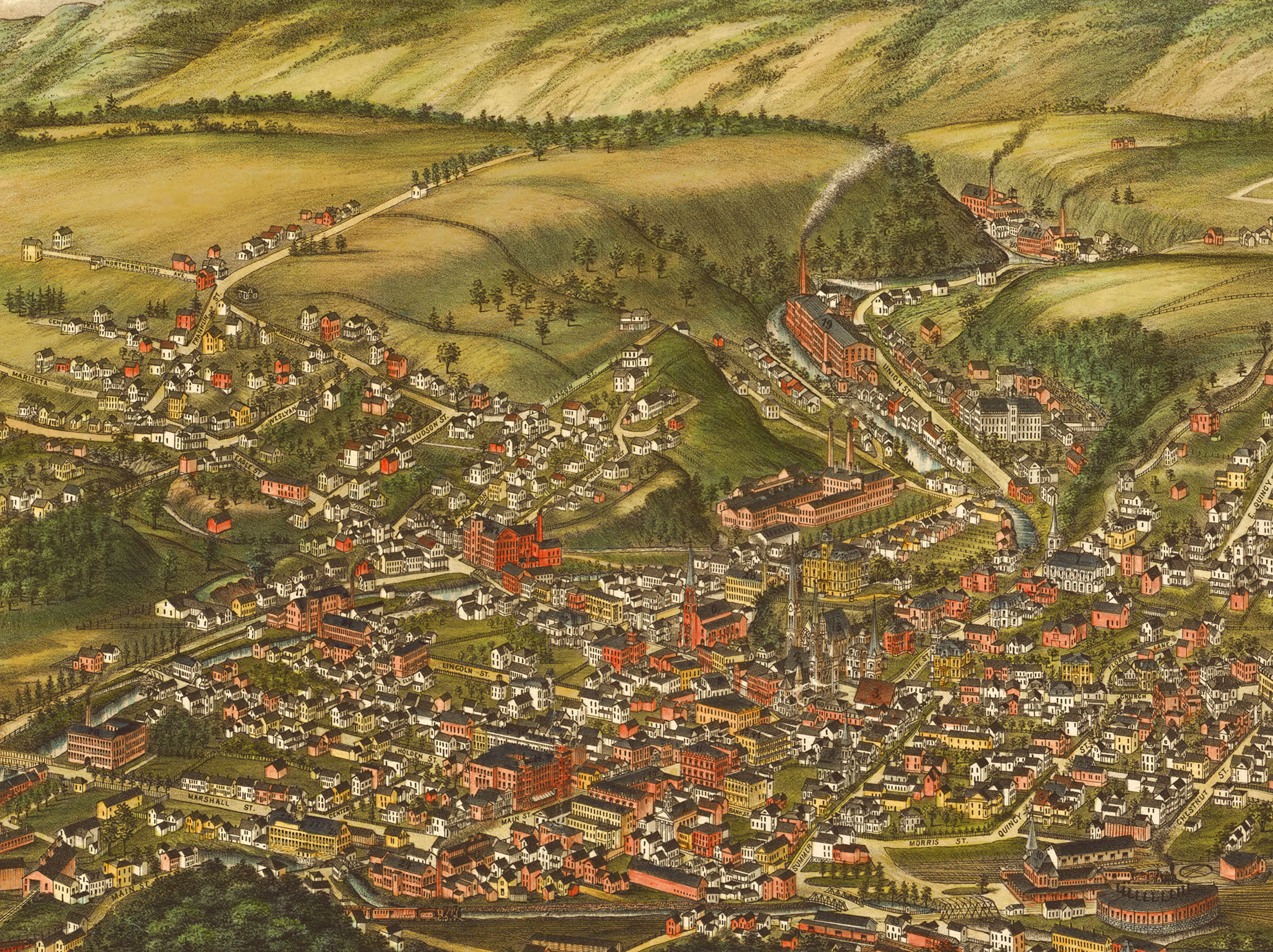 North Adams, MA in 1881 Bird's Eye View, Aerial map, Panorama