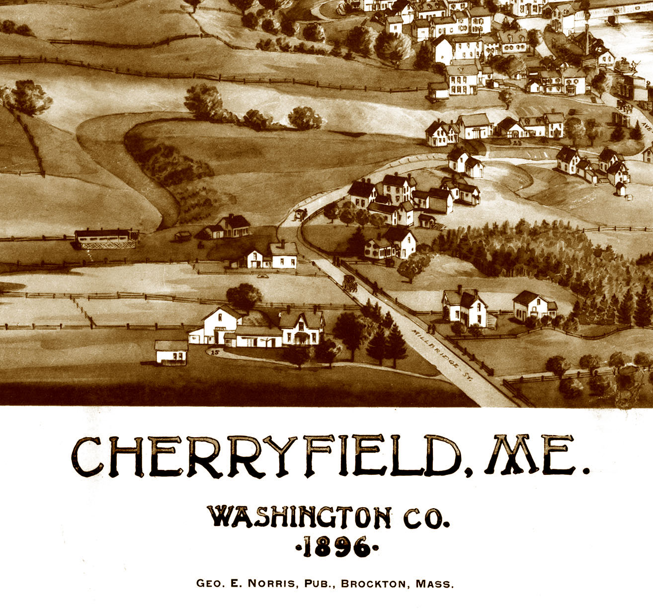 Cherryfield, Maine in 1896 Bird's Eye View Map, Aerial, Panorama