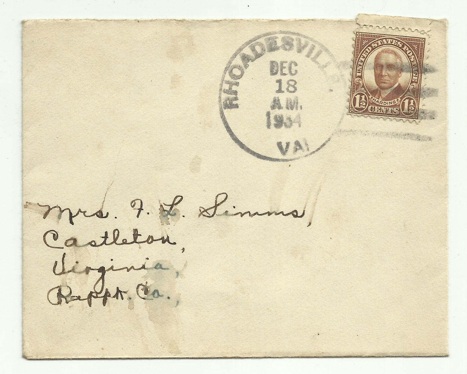 Scott 684 Harding 1 1/2cent Stamp Cancelled Rhoadesville, Virginia