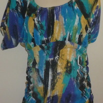 Black/Yellow/Blue Short Sleeve Shirt with Ruched Sides-One Step Up Size 1X