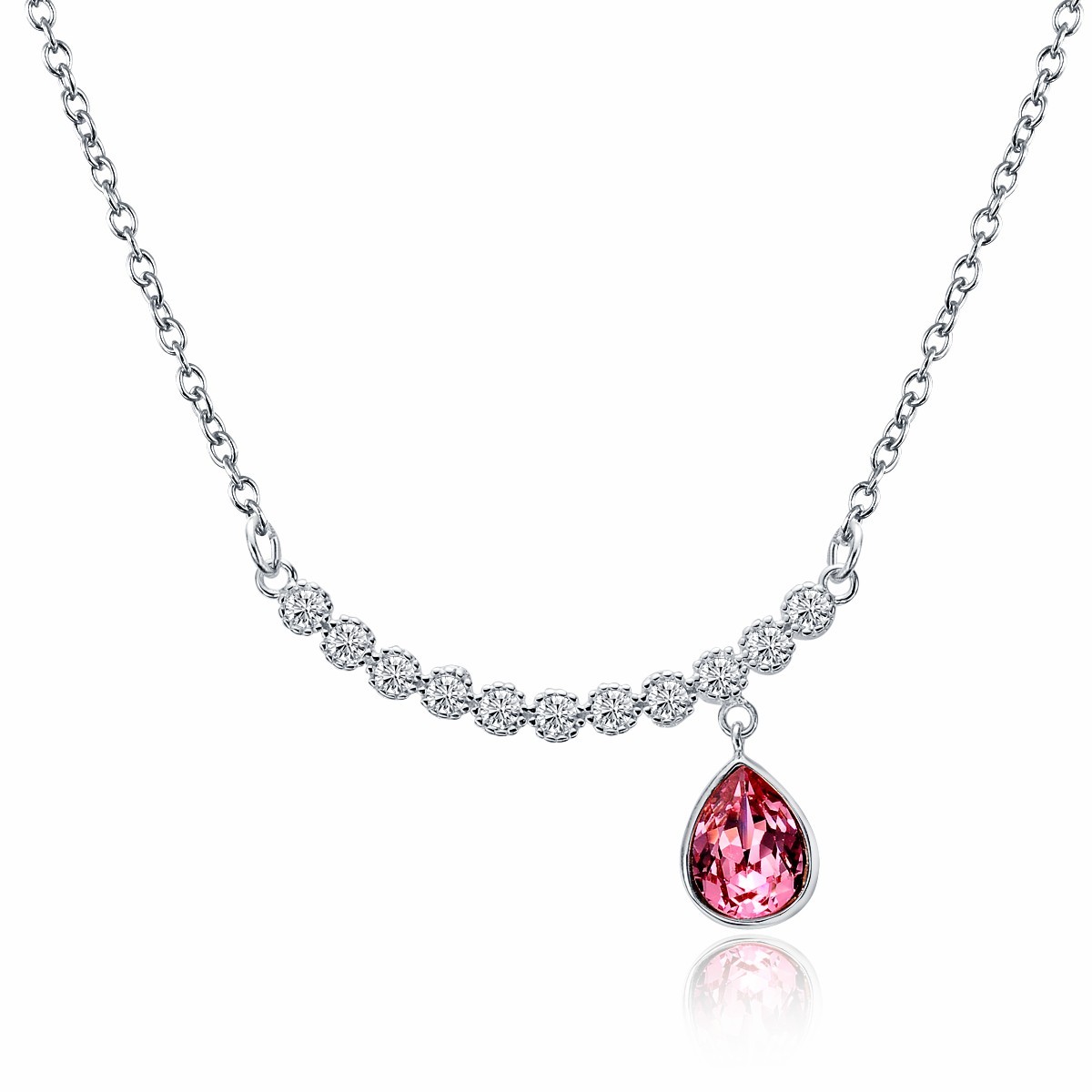 Women Sterling Silver Diamante Cubic Zirconia Red Crystal Heart Pendant Necklace Jewelry 18