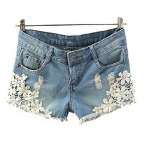 Denim Short with Lace Flower