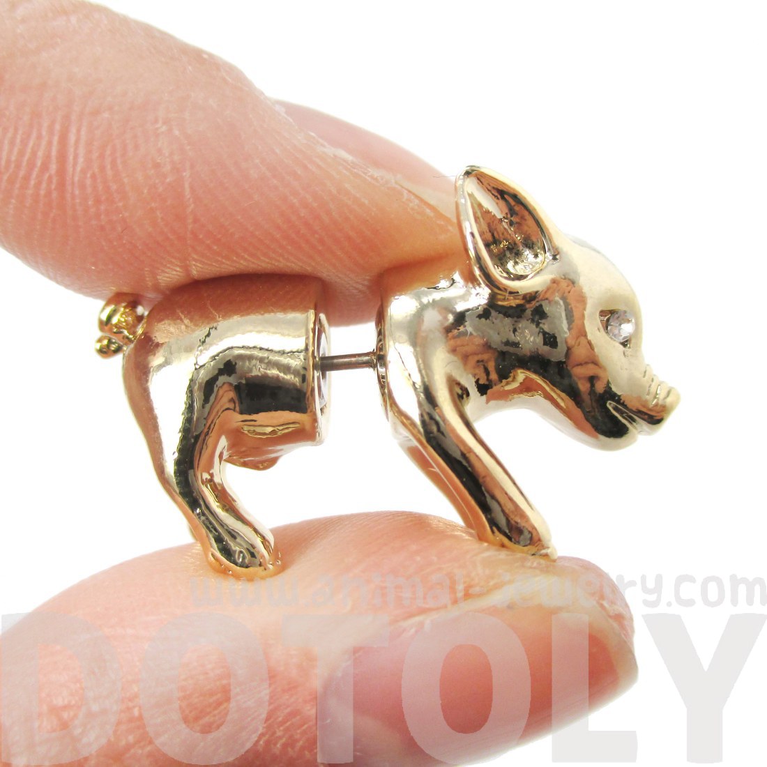 3D Fake Gauge Realistic Baby Piglet Animal Stud Earrings in Shiny Gold