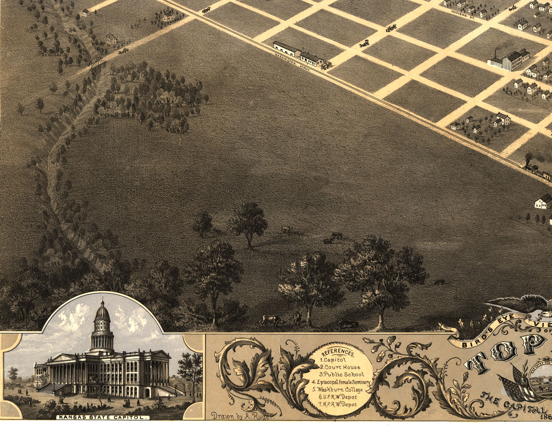 Topeka, Kansas in 1869 Bird's Eye View Map, Aerial Map, Panorama