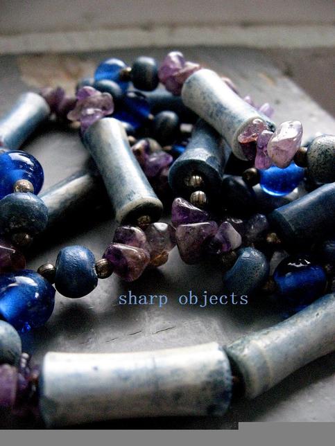 Amethyst Fossil - long glass & handmade ceramic beaded necklace