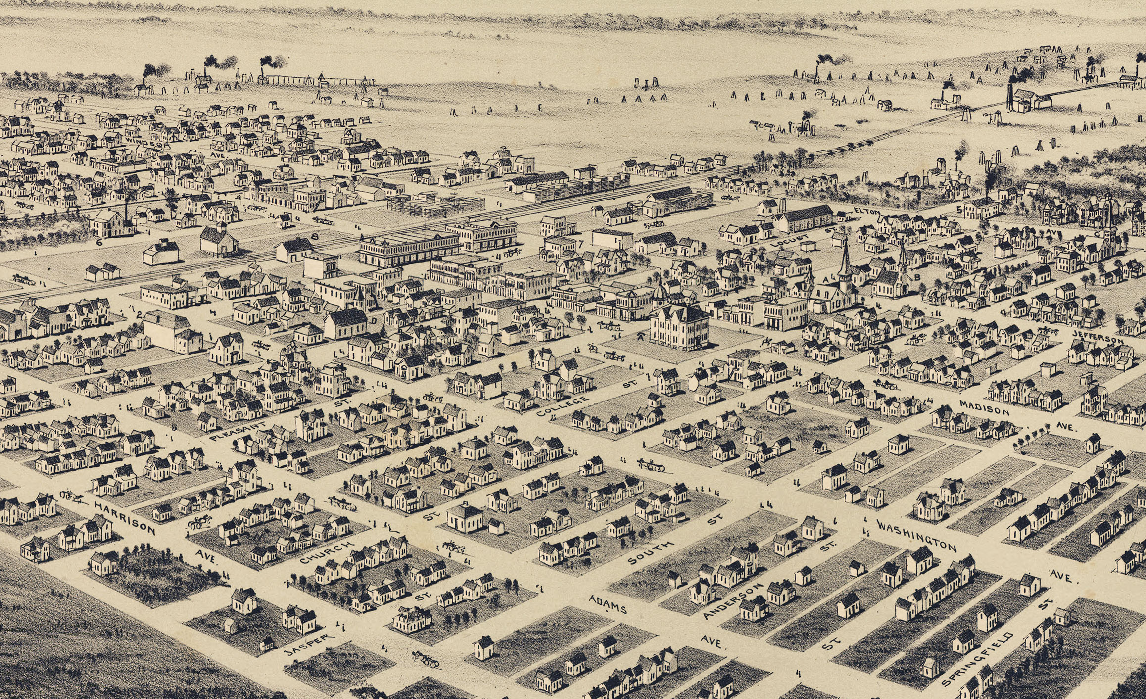 Aurora, Missouri in 1891 Bird's Eye View Map, Aerial, Panorama