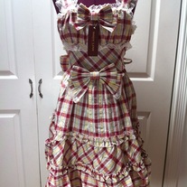 M-L red yellow off-white tartan sleeveless bow lace rockabilly dress