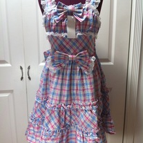 M-L pink sax blue off-white tartan sleeveless bow lace rockabilly dress