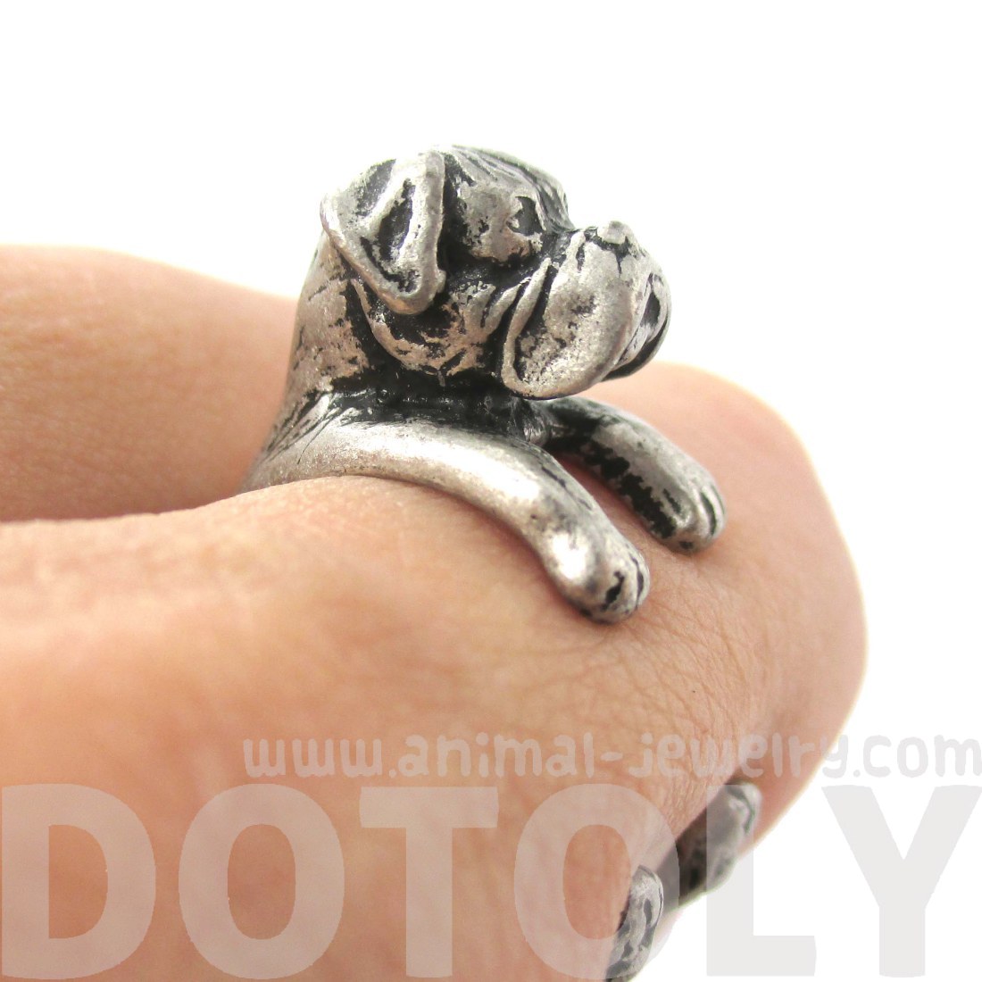 3D Boxer Puppy Animal Wrap Ring in Shiny Silver Sizes 4 to 8.5