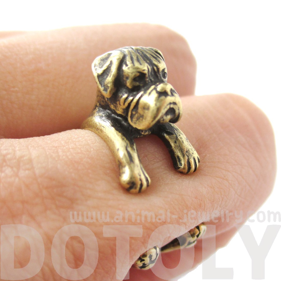 3D Boxer Puppy Animal Wrap Ring in Brass Sizes 4 to 8.5 · DOTOLY