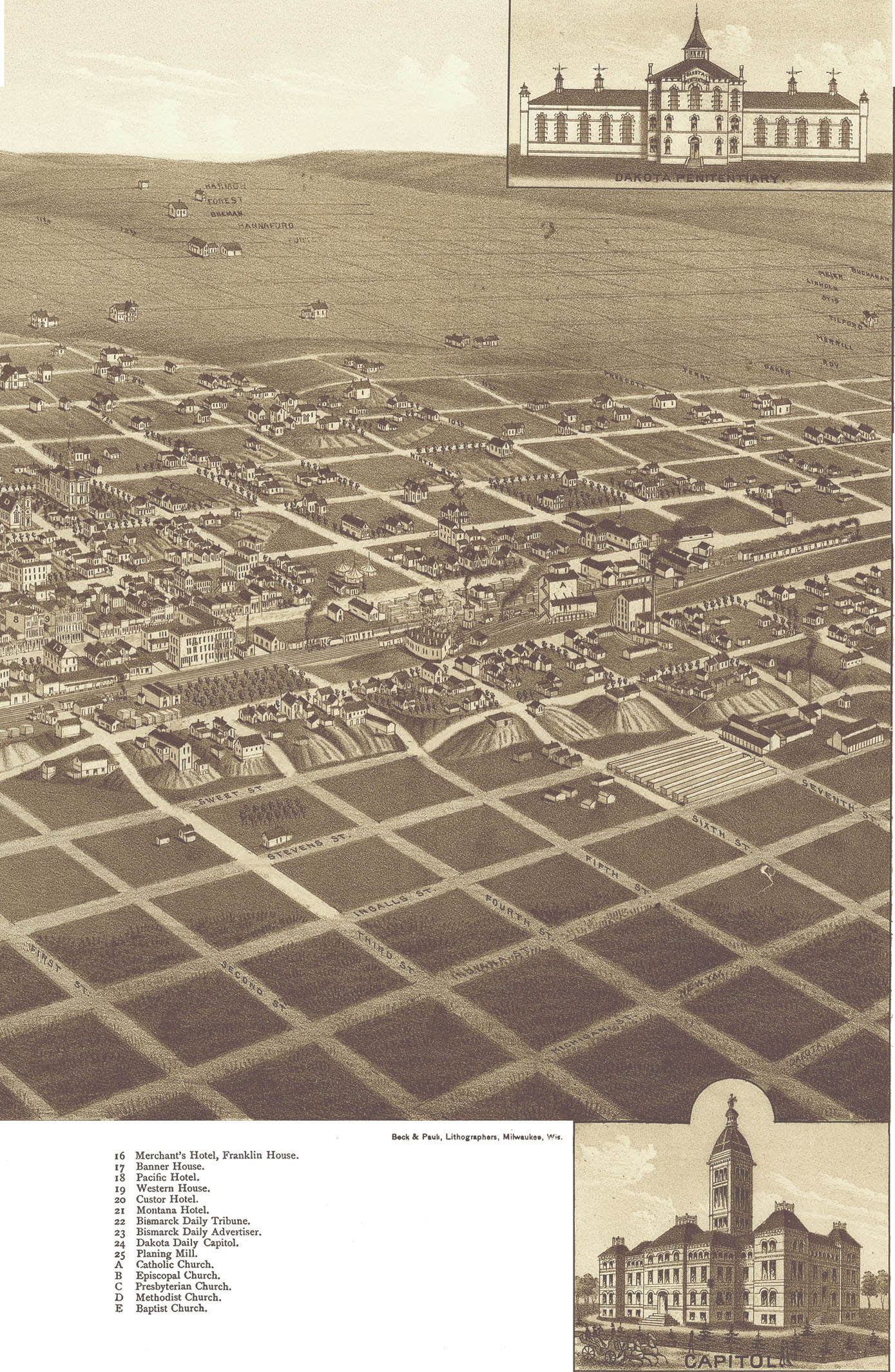 Bismarck, North Dakota in 1883 Bird's Eye View Map, Aerial, Panorama, Vintage, Antique